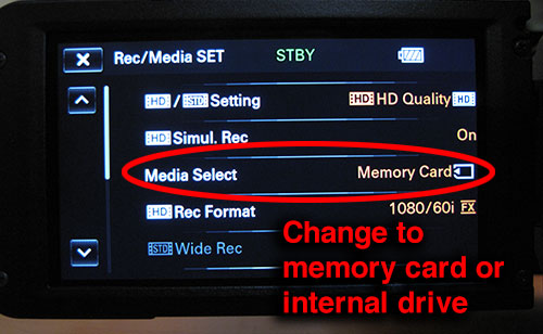 Changing Sony NX70 to use memory card