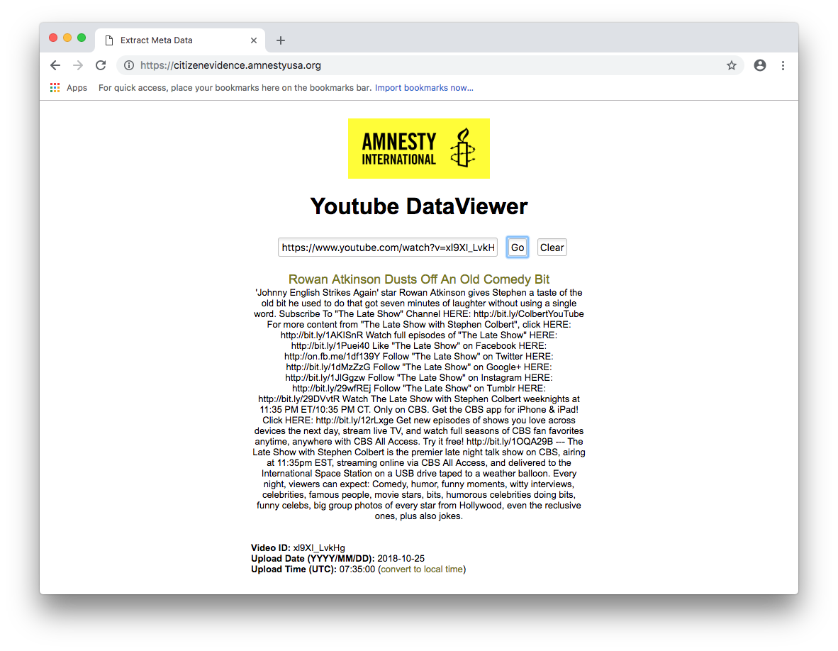 Amnesty International YouTube Data Viewer screenshot